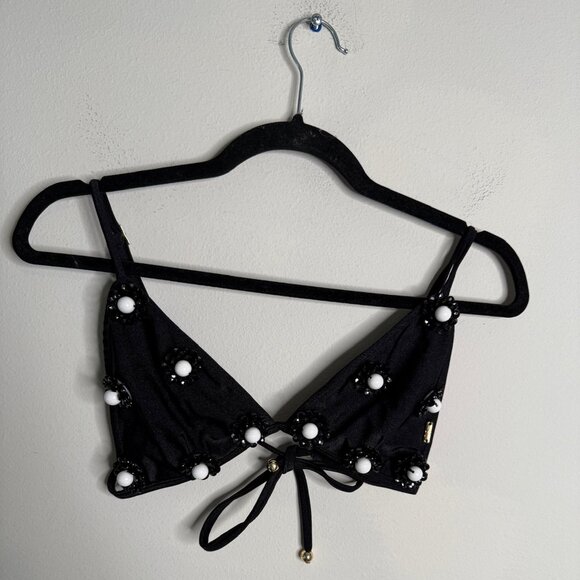 PatBO Women's Large Black Floral Applique Bikini Top Tie Front Swimsuit Beach - Picture 2 of 7